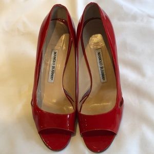 Manolo Blahnik Red Patent Leather High Open Toe Heels